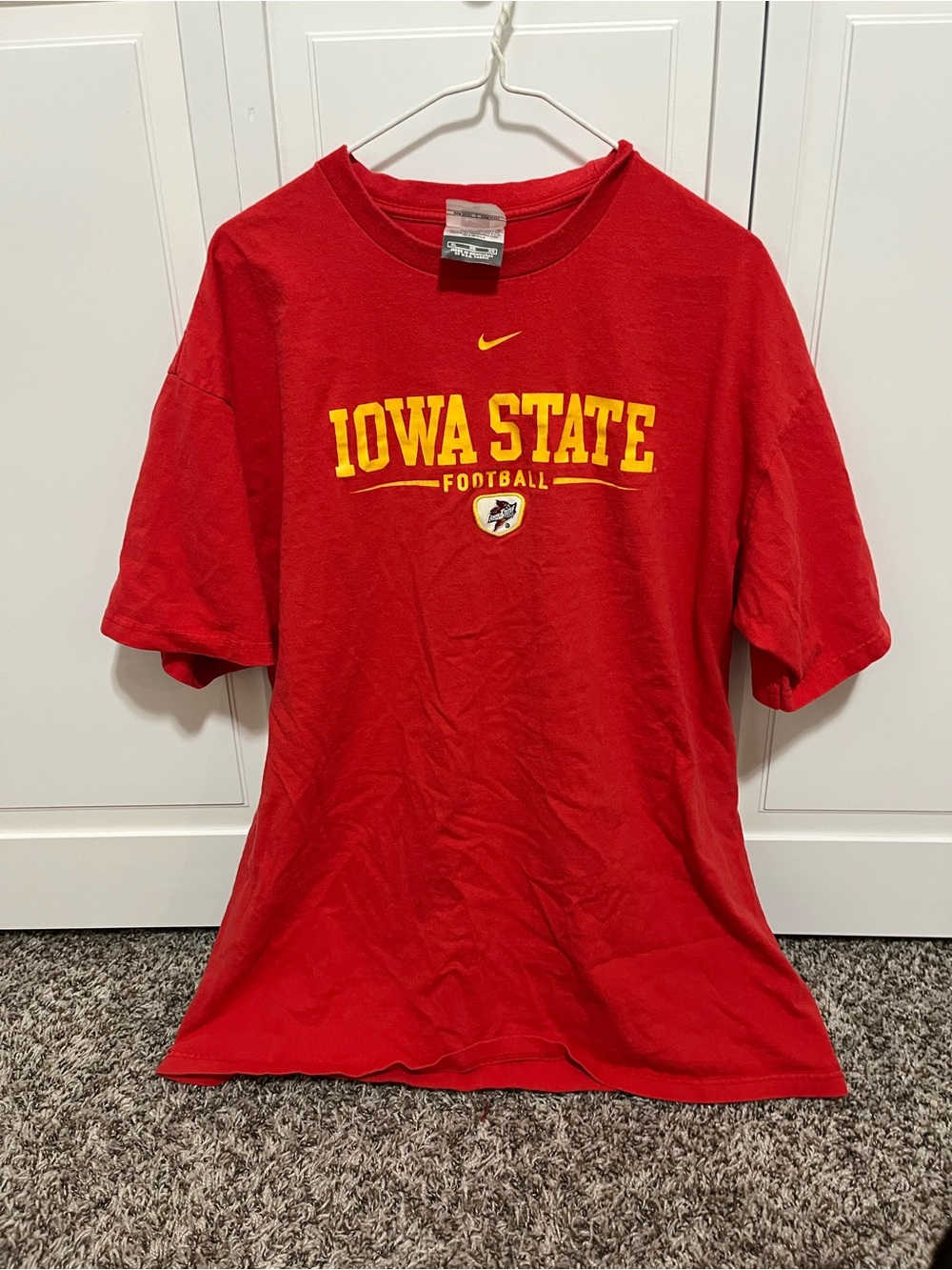 Nike Red Iowa State Football Tee with Yellow Chest Logo